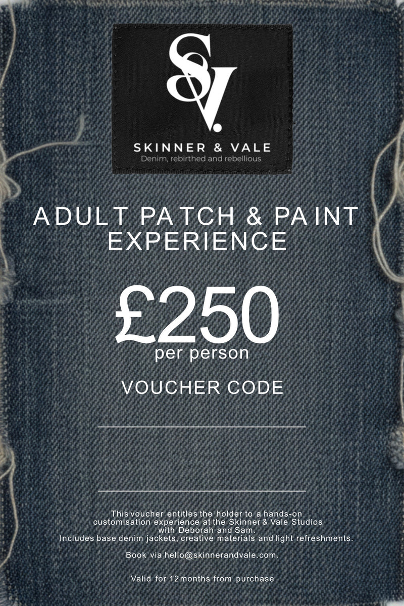 Skinner & Vale Adult Patch & Paint Experience front view — Skinner & Vale upcycled denim jacket