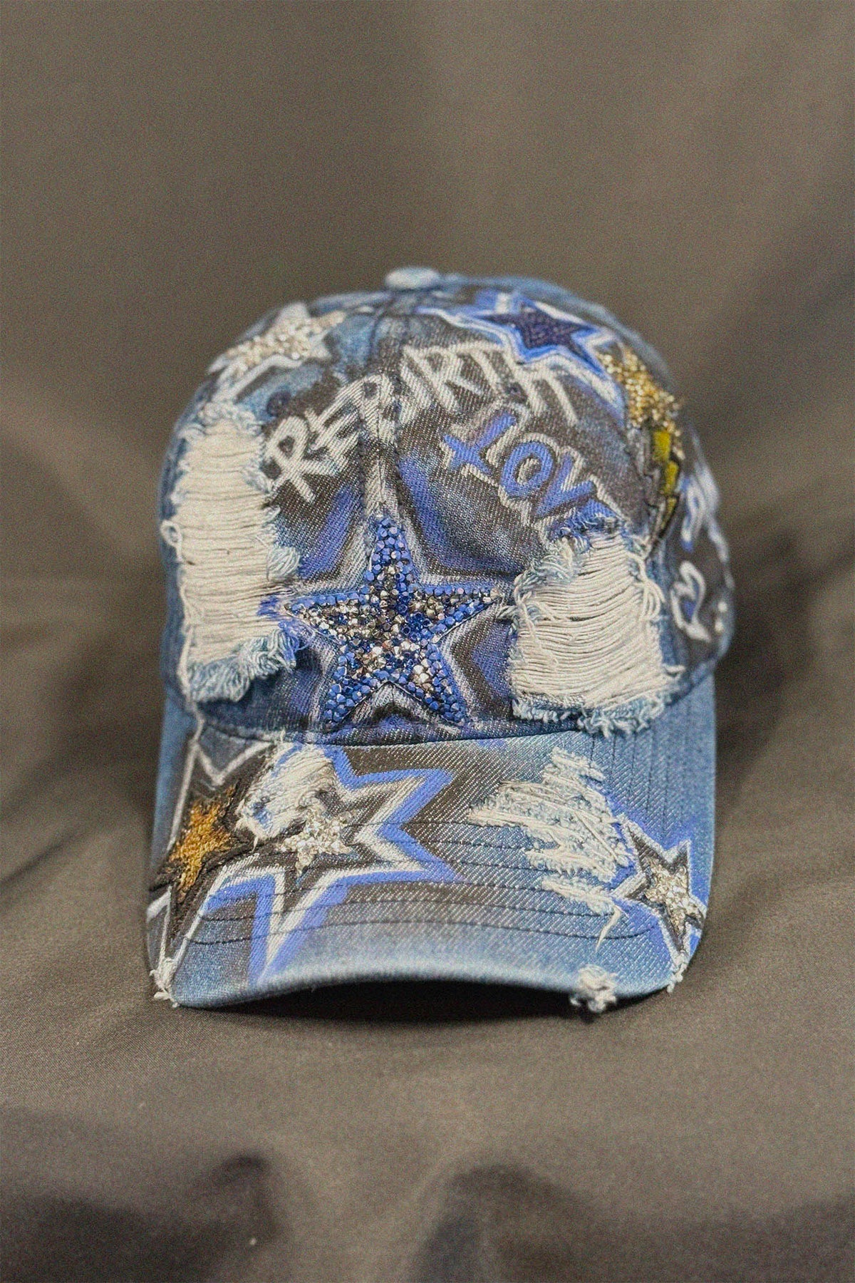 Raw Blue Denim Cap front view — Skinner & Vale upcycled denim jacket