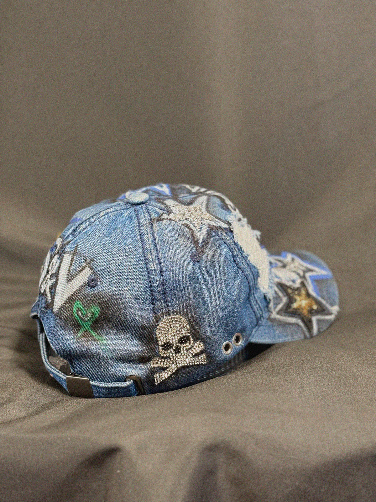 Raw Blue Denim Cap detail view — Skinner & Vale upcycled denim jacket