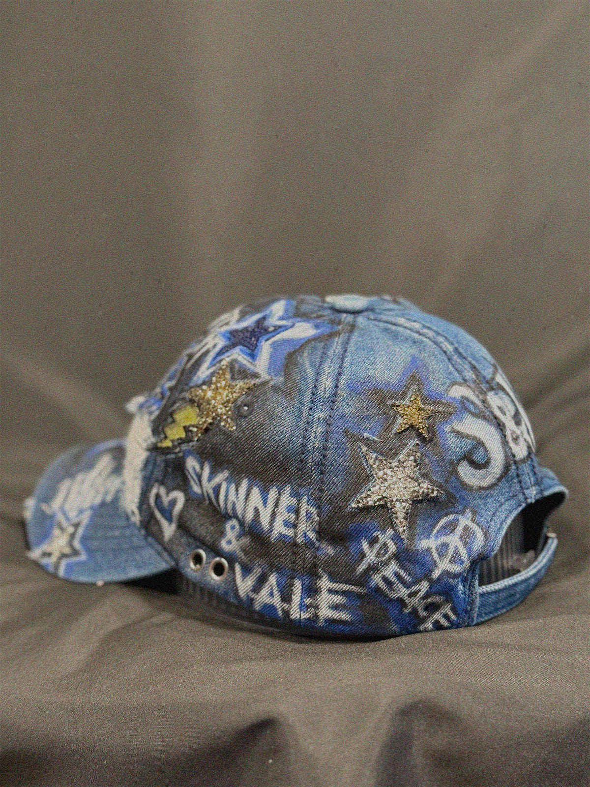 Raw Blue Denim Cap close-up detail — Skinner & Vale upcycled denim jacket