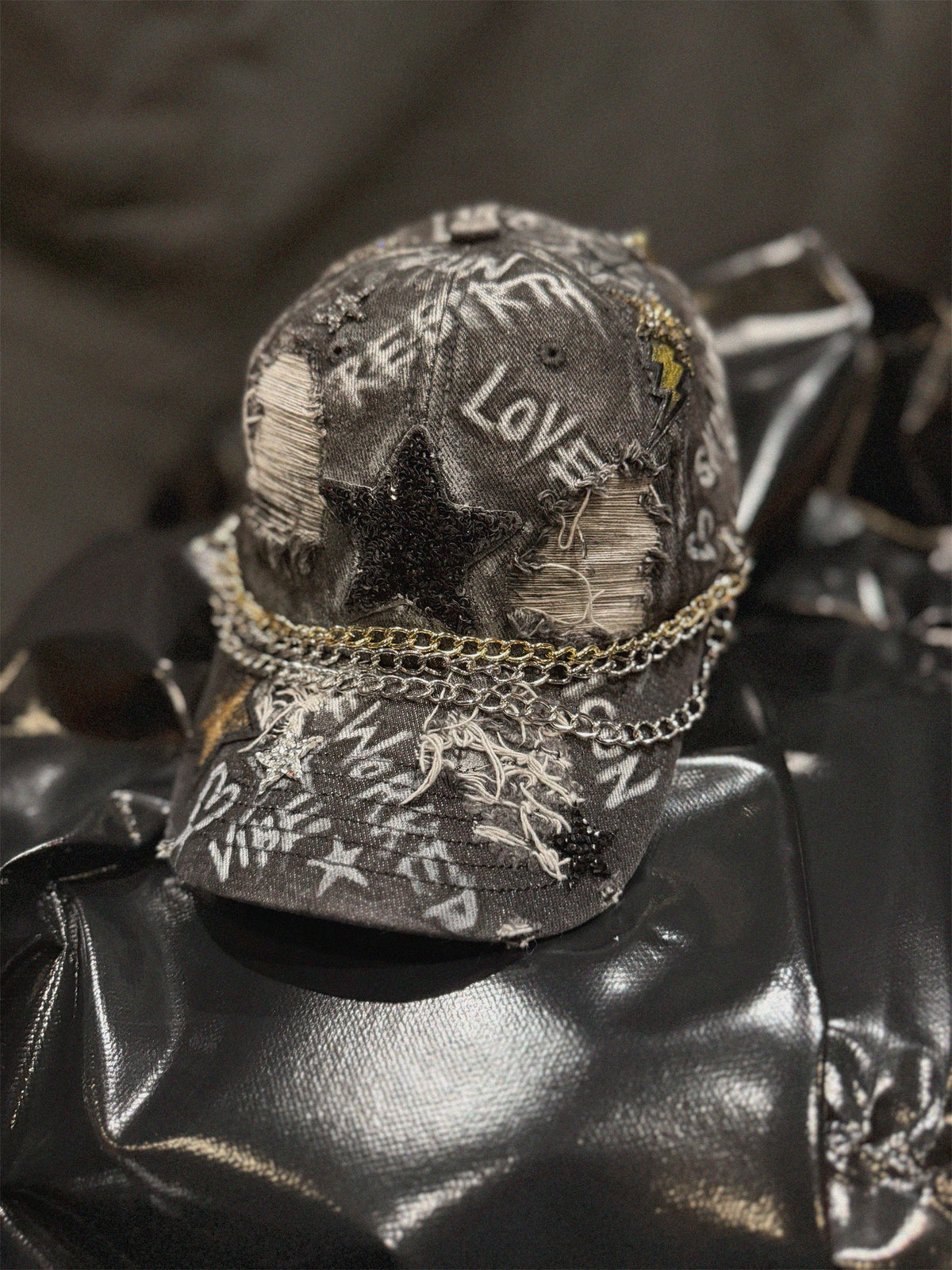 The RAW Star Black Denim Cap detail view — Skinner & Vale upcycled denim jacket