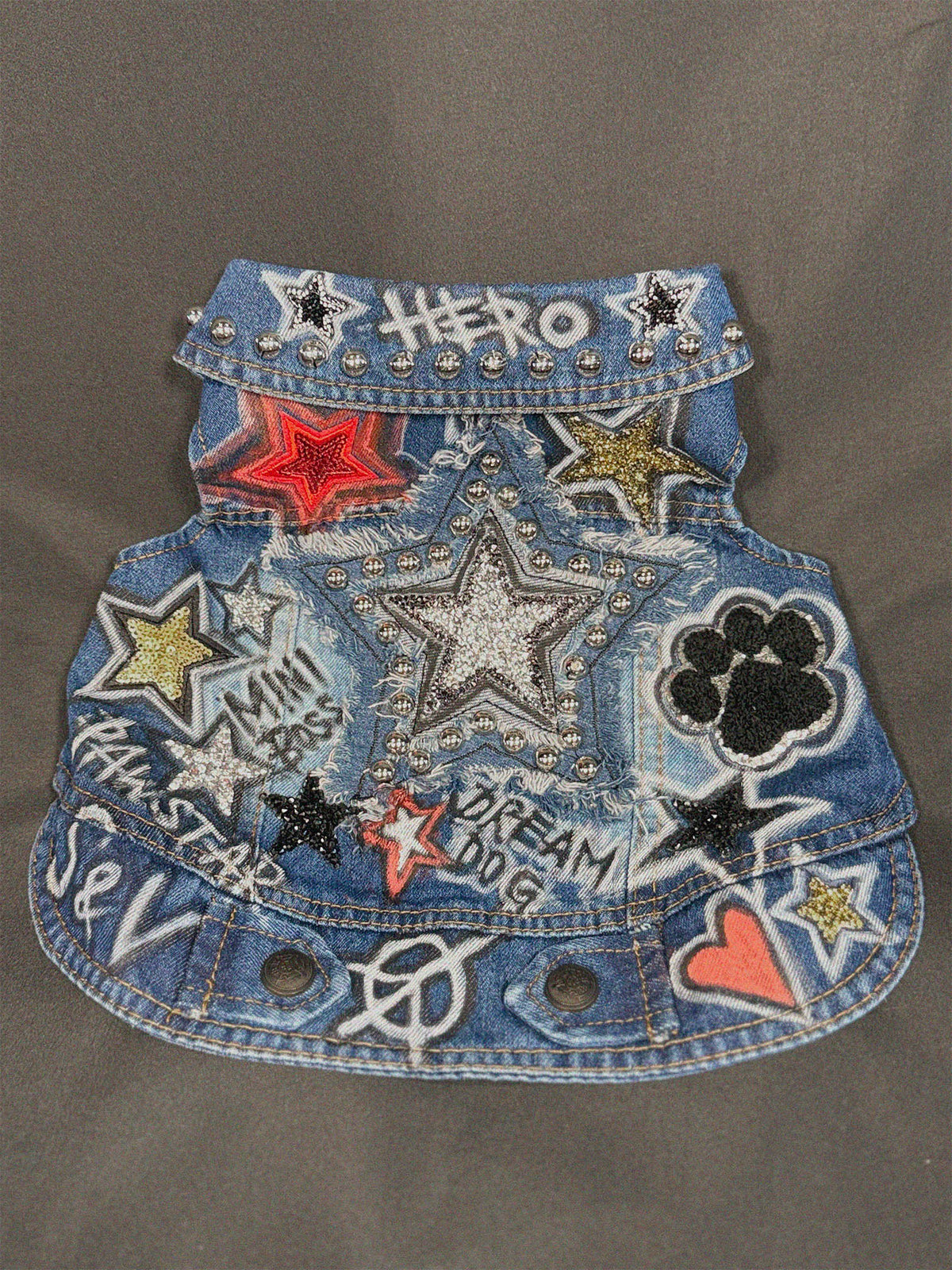 PUP-STAR Blue Denim Dog Jacket front view — Skinner & Vale upcycled denim jacket