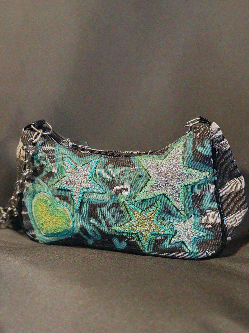 Good Energy Bag front view — Skinner & Vale upcycled denim jacket