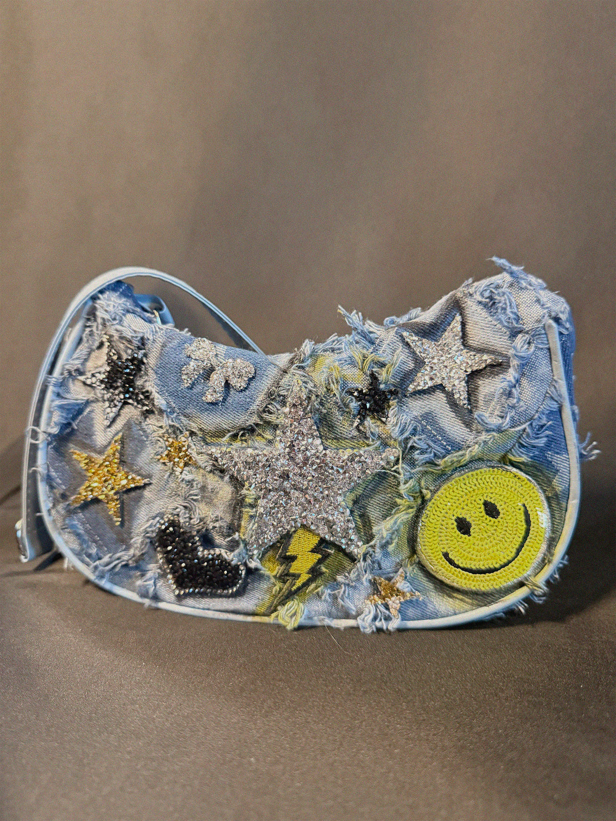 Good Vibes Bag front view — Skinner & Vale upcycled denim jacket