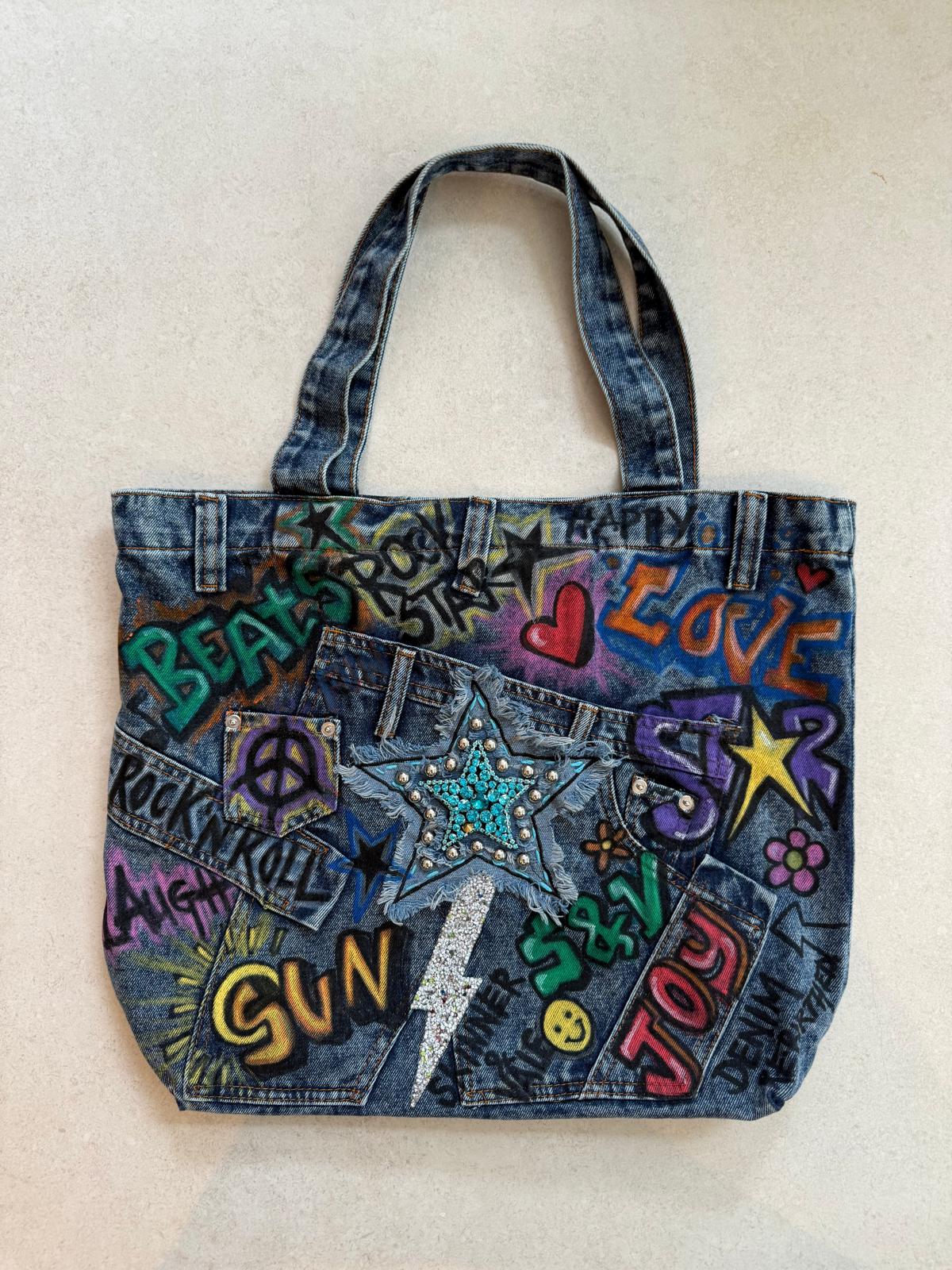 Graffiti Star Denim Tote Bag front view — Skinner & Vale upcycled denim tote bag