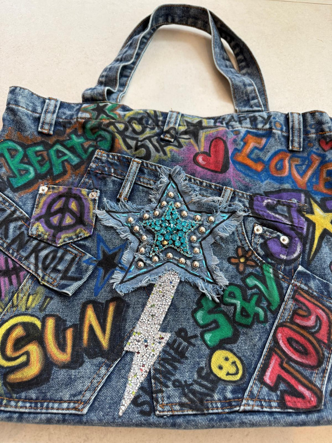 Graffiti Star Denim Tote Bag