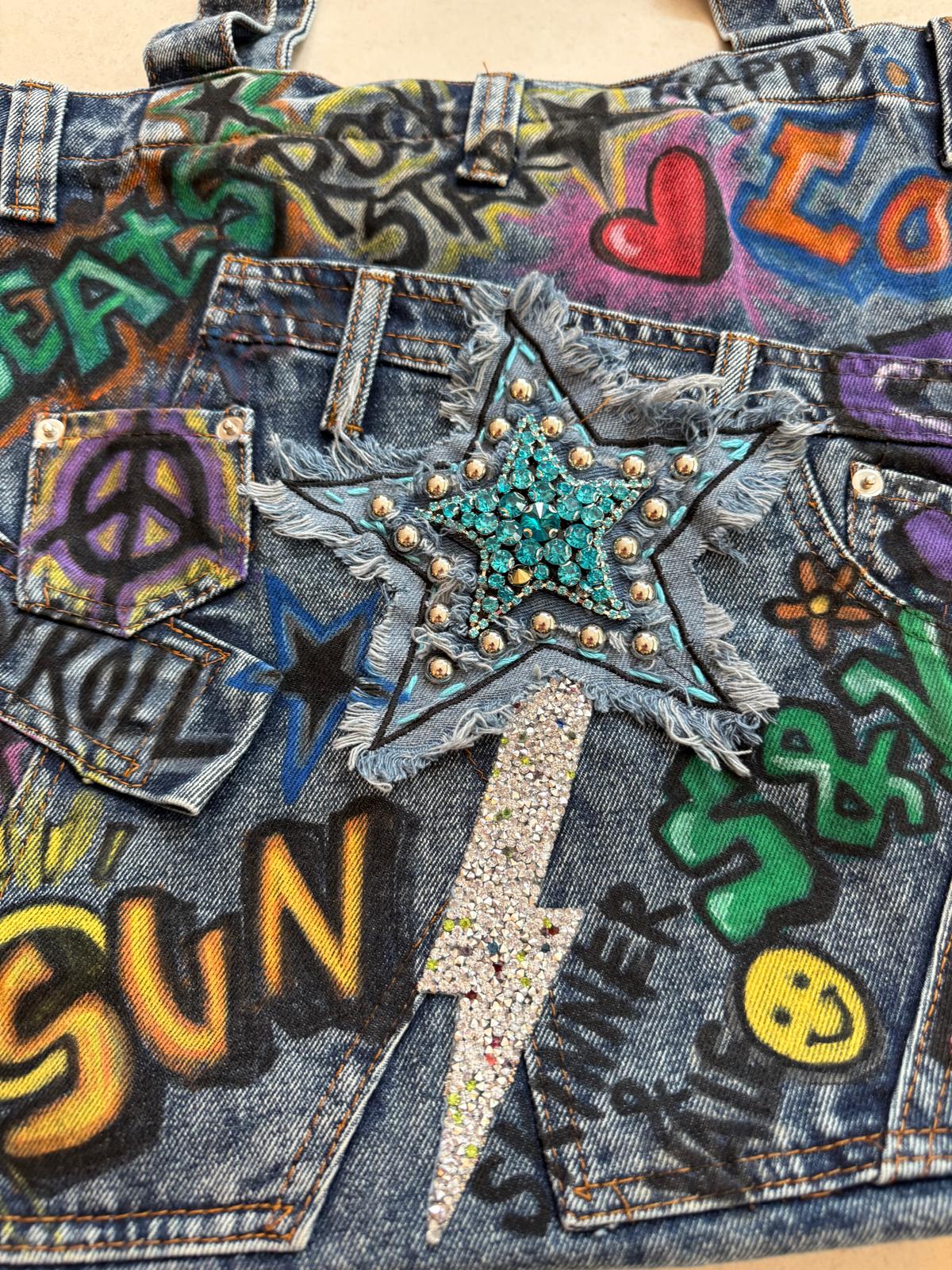 Graffiti Star Denim Tote Bag front view — Skinner & Vale upcycled denim tote bag