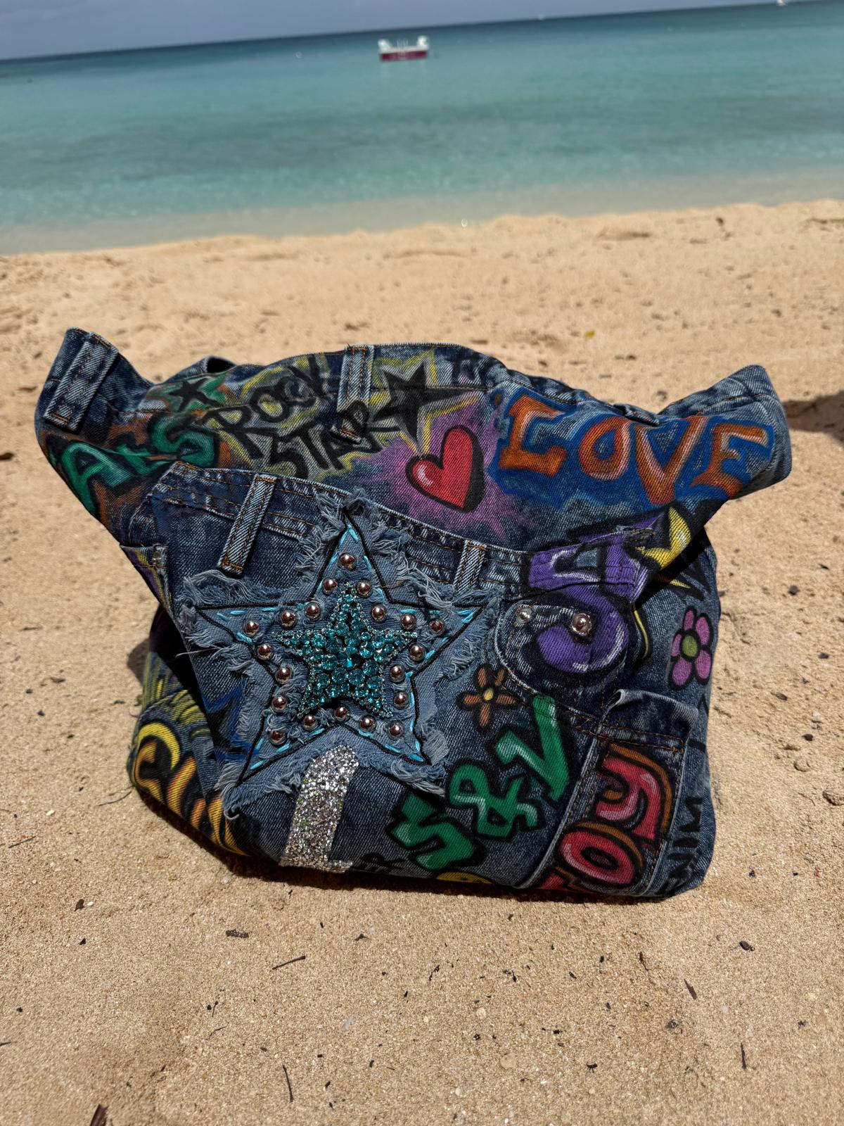 Graffiti Star Denim Tote Bag lifestyle — Skinner & Vale upcycled denim tote bag