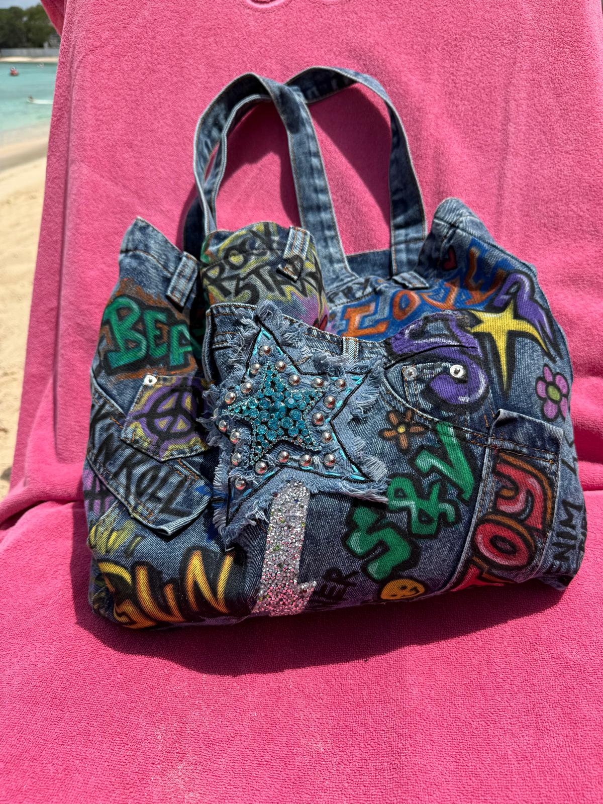 Graffiti Star Denim Tote Bag close-up detail — Skinner & Vale upcycled denim tote bag