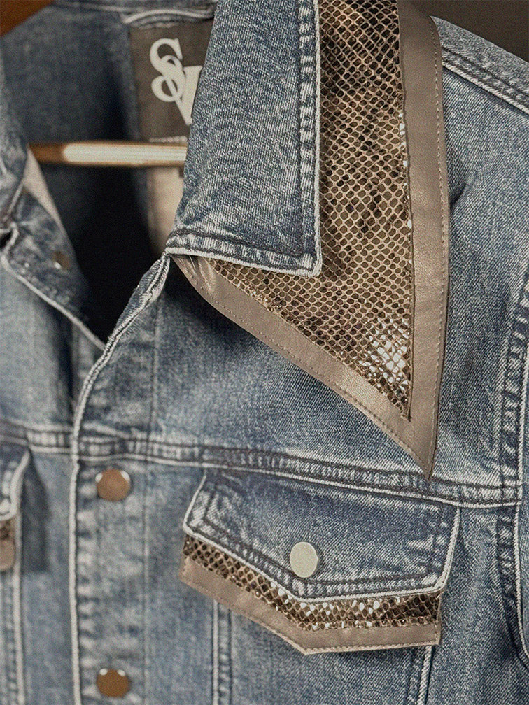 Grey Snake Dark Blue Denim Mens Jacket - Large