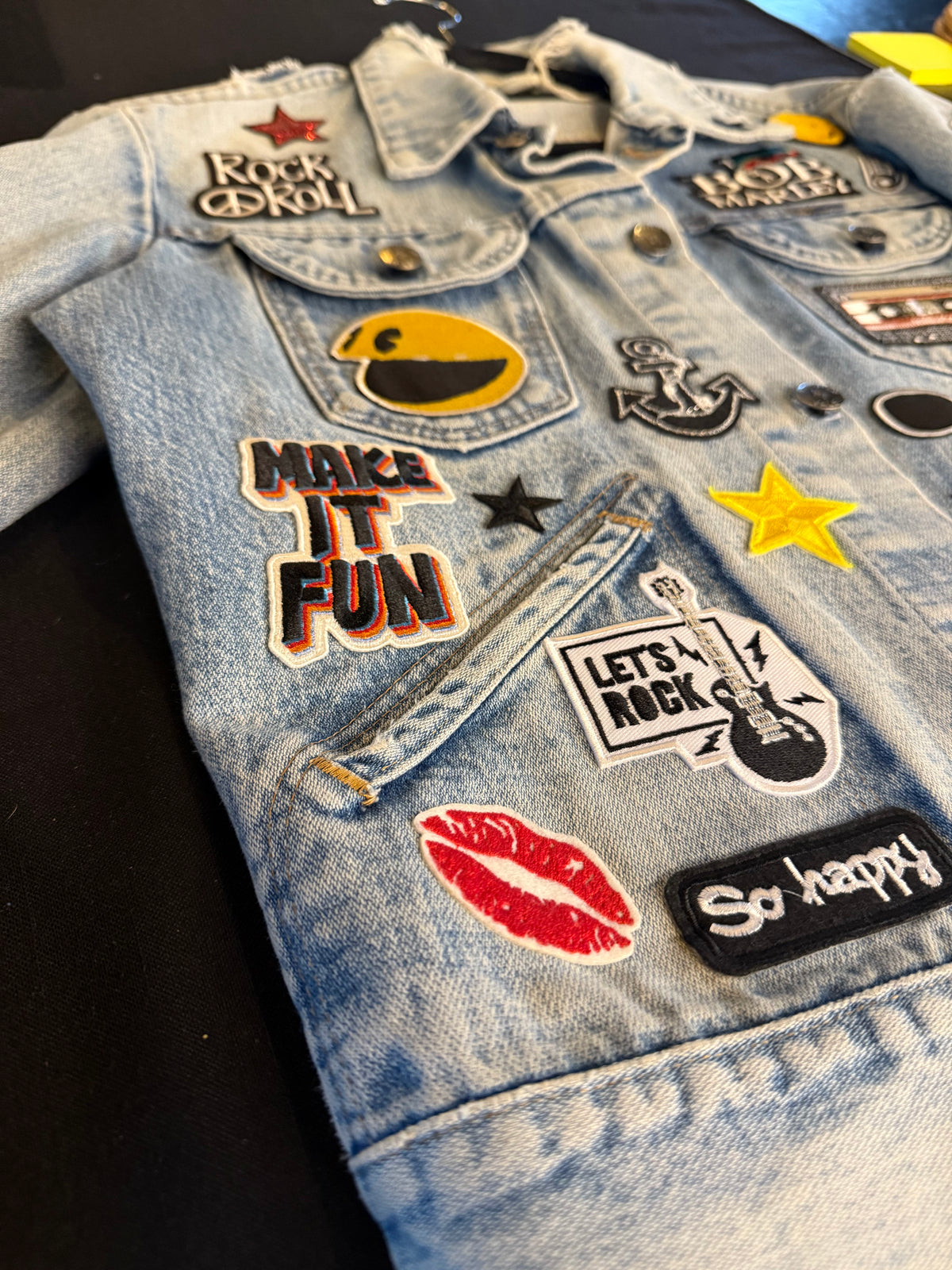 MAKE IT FUN Patch Denim Jacket back view — Skinner & Vale upcycled denim jacket