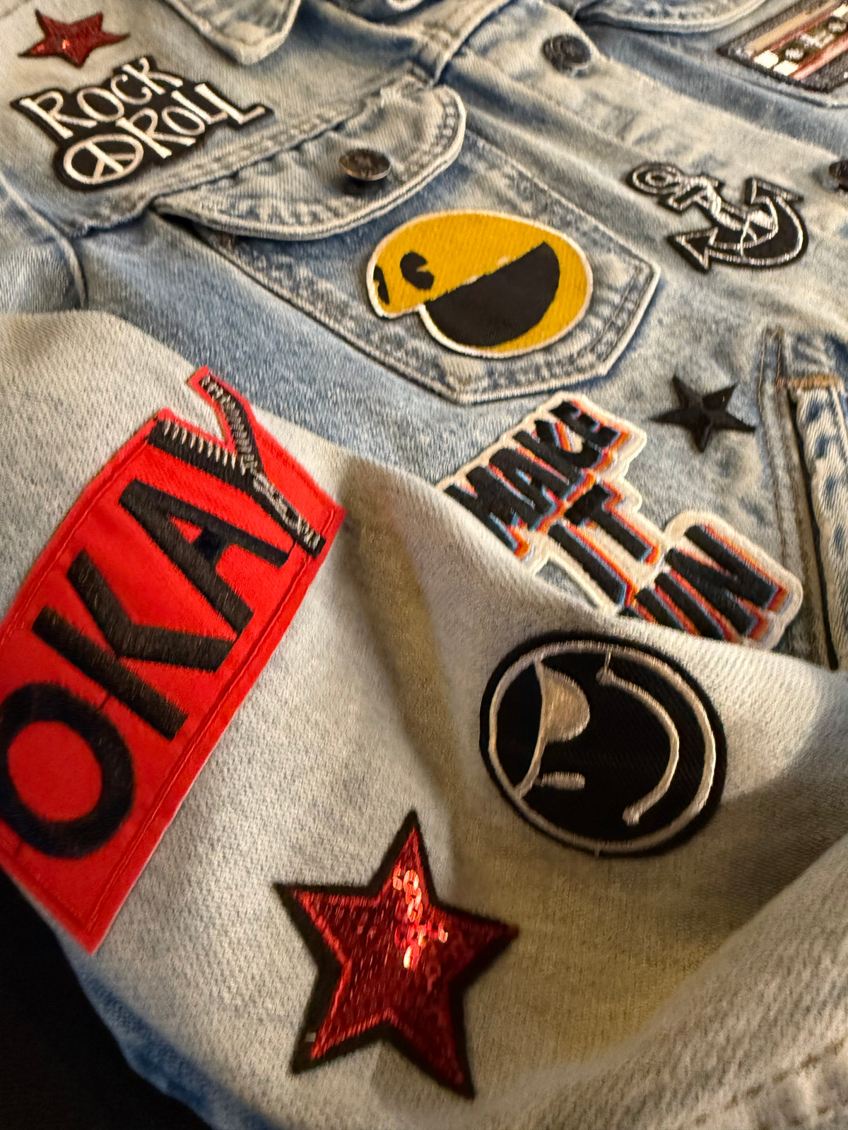 MAKE IT FUN Patch Denim Jacket detail view — Skinner & Vale upcycled denim jacket