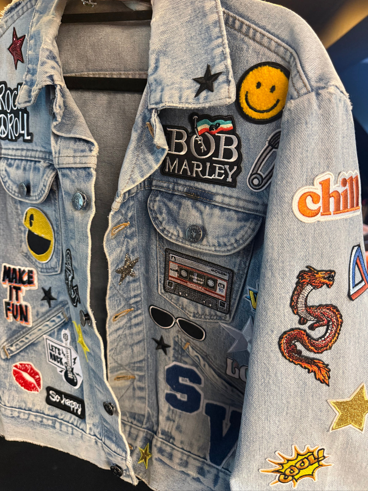 MAKE IT FUN Patch Denim Jacket front view — Skinner & Vale upcycled denim jacket