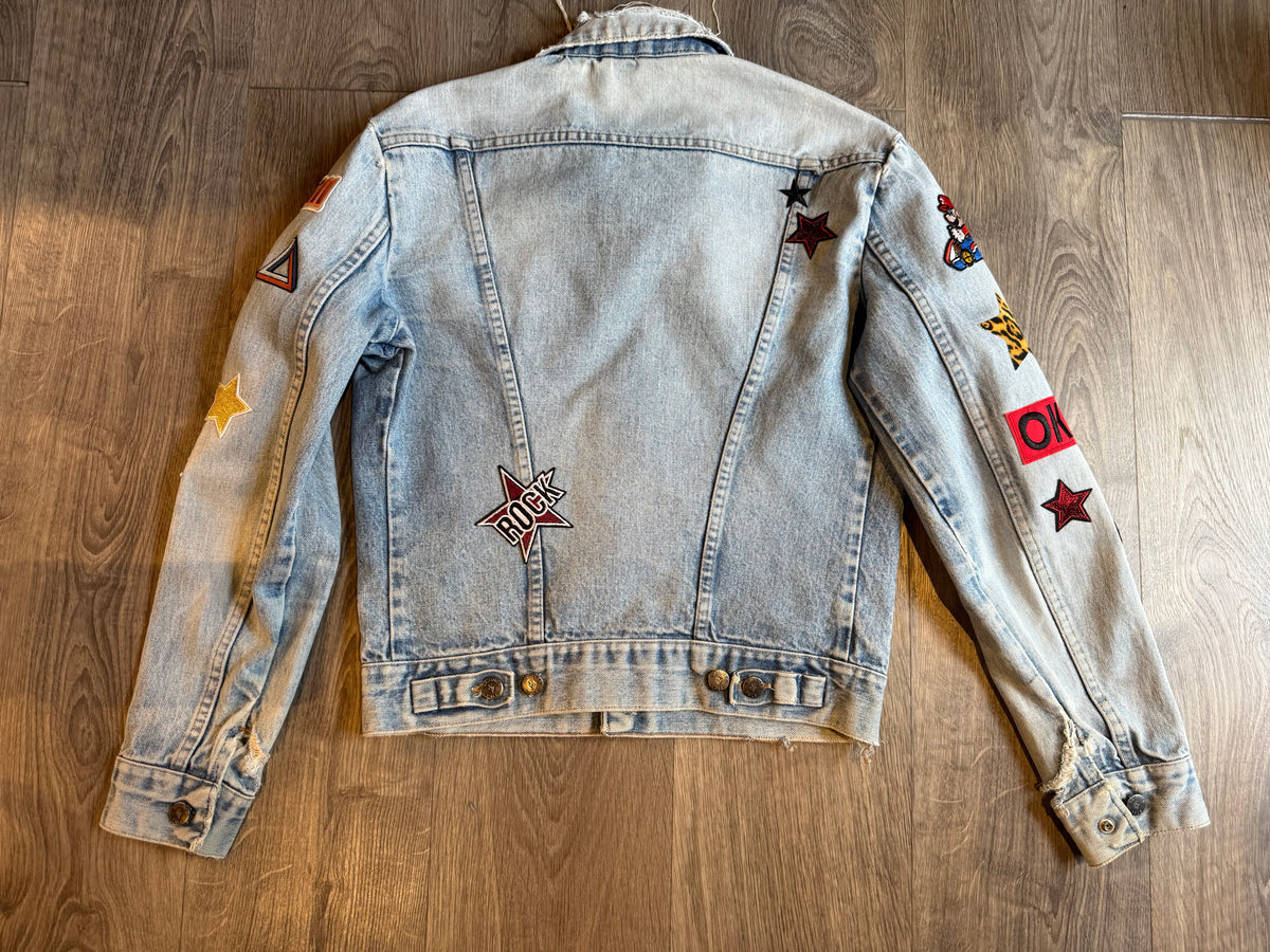 MAKE IT FUN Patch Denim Jacket close-up detail — Skinner & Vale upcycled denim jacket