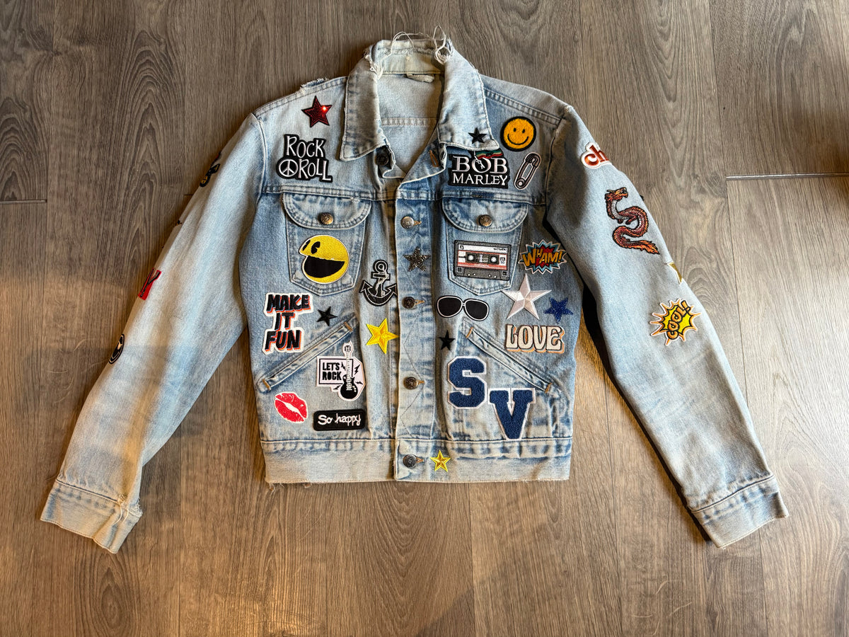 MAKE IT FUN Patch Denim Jacket lifestyle — Skinner & Vale upcycled denim jacket
