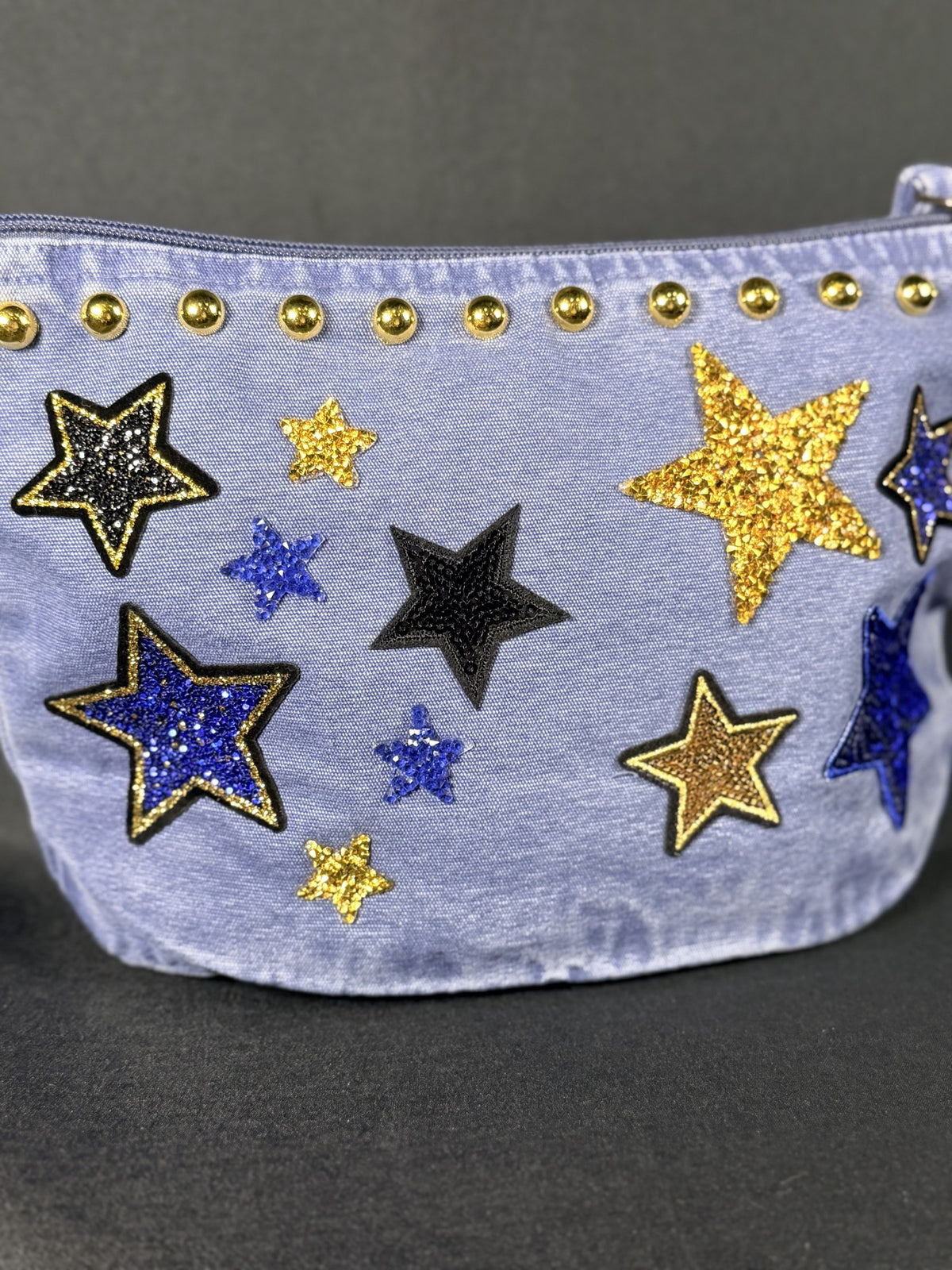Midnight City Everything Bag, close-up of the hand-applied patches