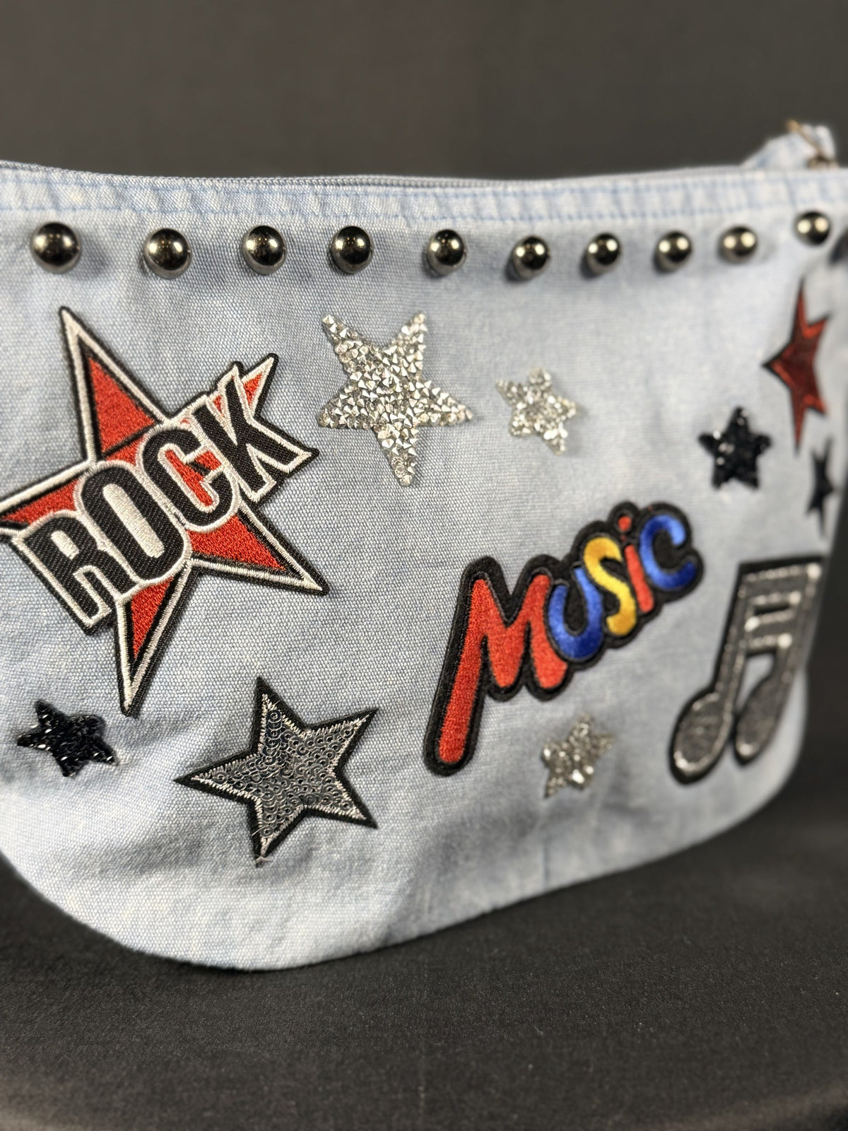 Radio Ga Ga Everything Bag, close-up of the hand-applied patches