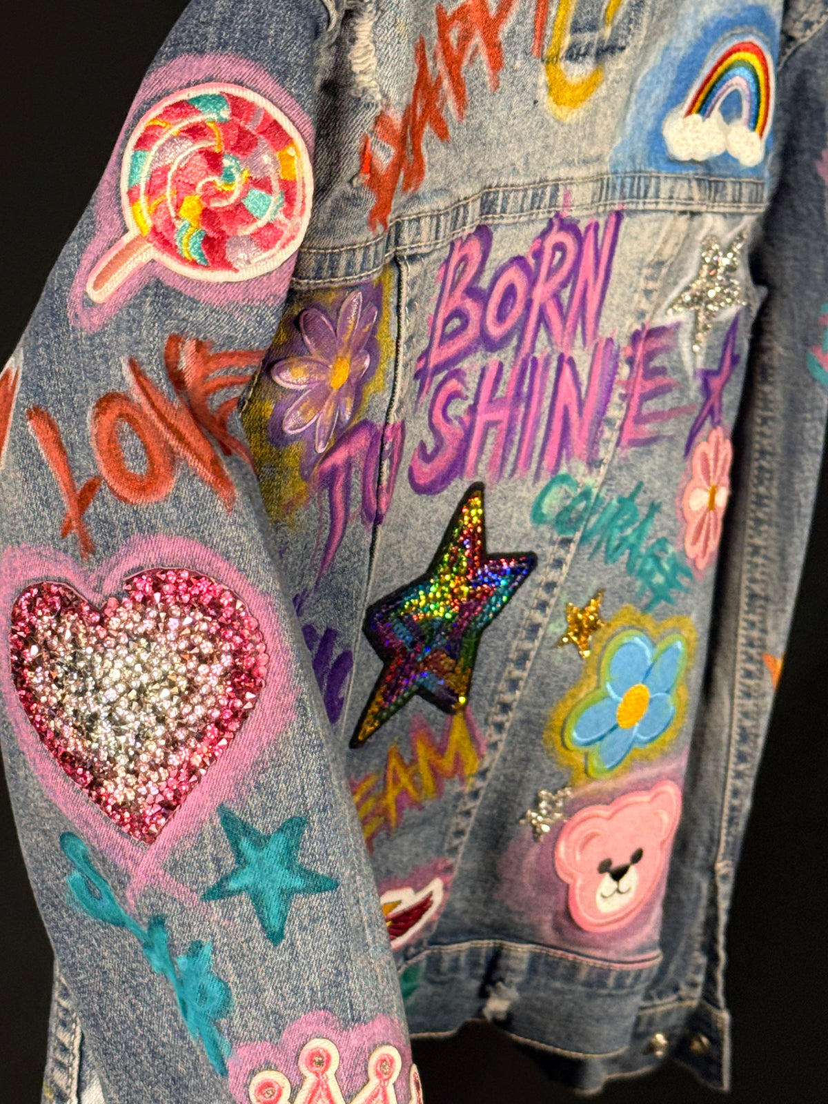 DREAM Girls Denim Jacket front view — Skinner & Vale upcycled denim jacket
