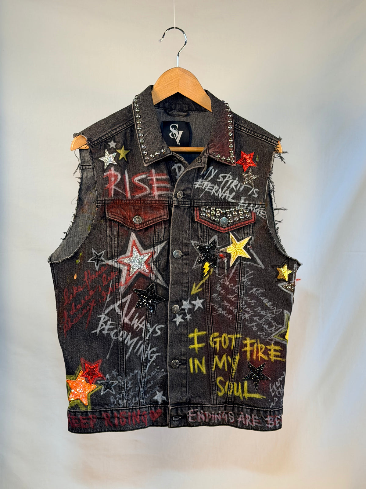 PHOENIX Denim Gilet front view — Skinner & Vale upcycled denim gilet