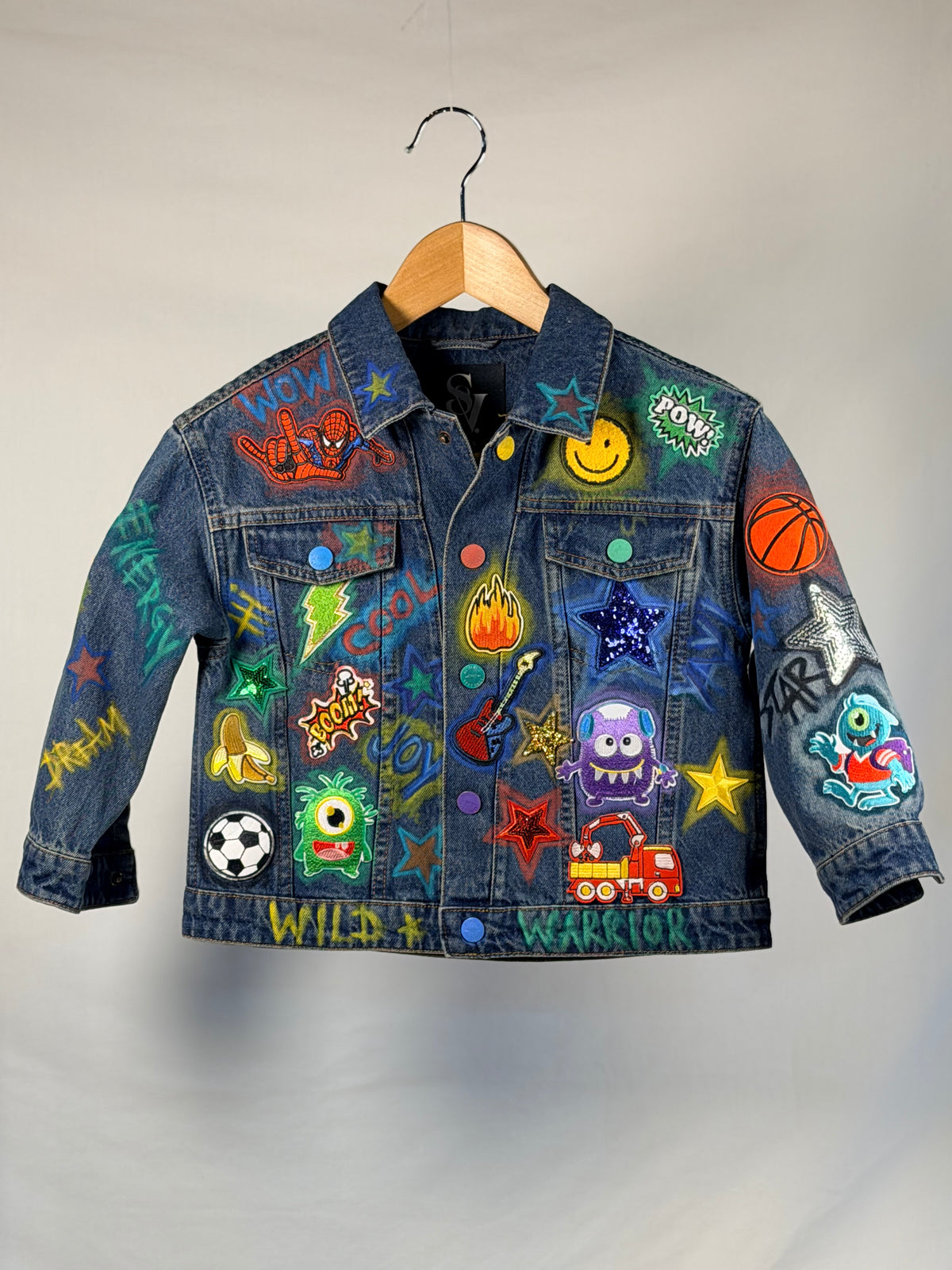 LITTLE LEGEND Boys Denim Jacket front view — Skinner & Vale upcycled denim jacket