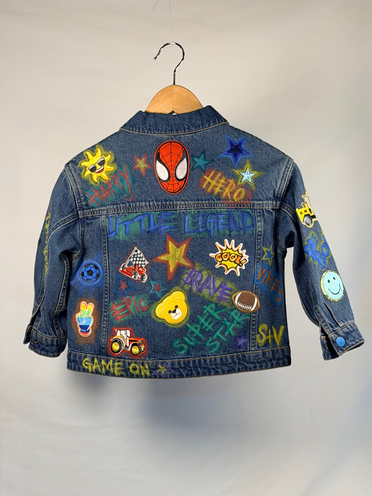 LITTLE LEGEND Boys Denim Jacket back view — Skinner & Vale upcycled denim jacket