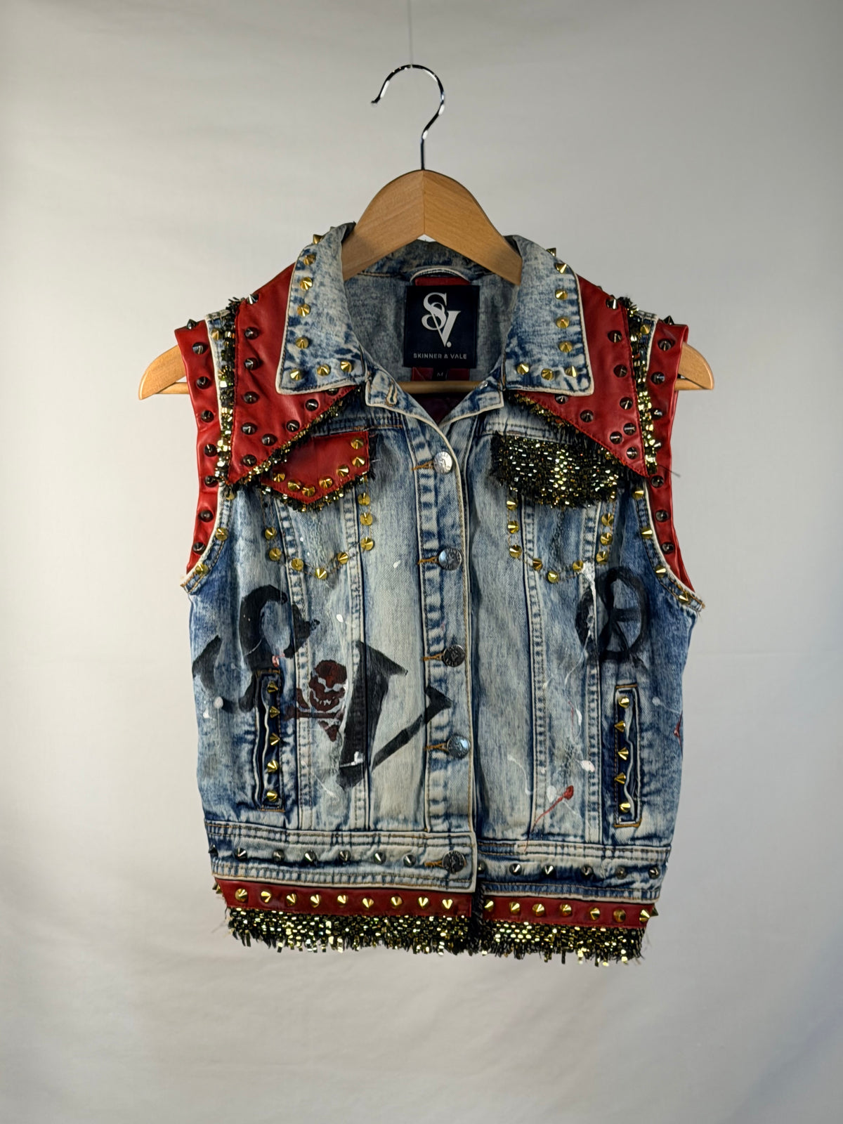 LIGHTENING Denim Gilet front view — Skinner & Vale upcycled denim gilet