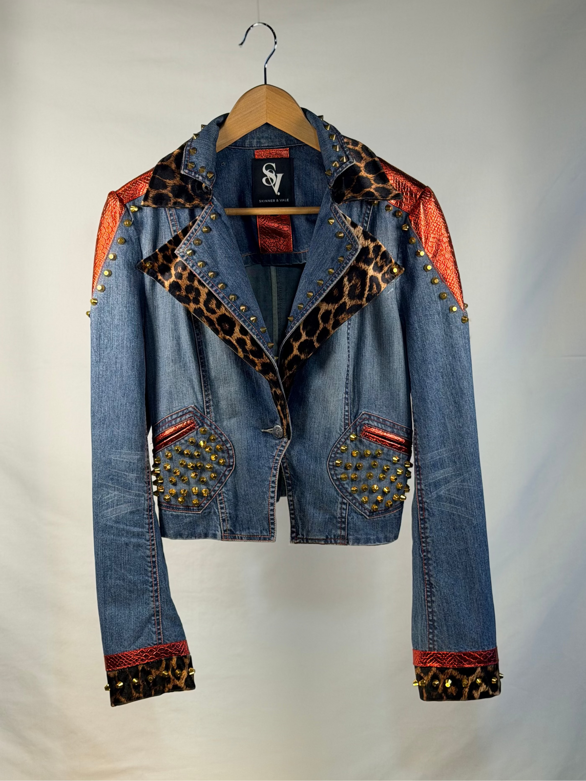 ROCK n ROLL Jacket front view — Skinner & Vale upcycled denim jacket