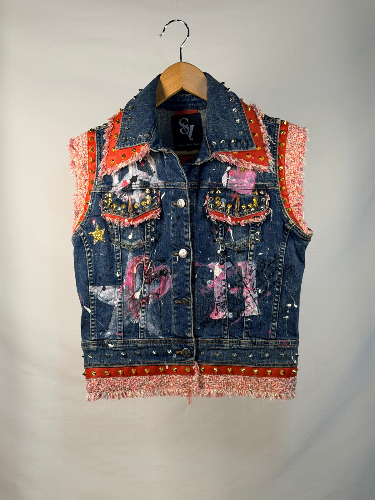 LOVE Denim Gilet front view — Skinner & Vale upcycled denim gilet