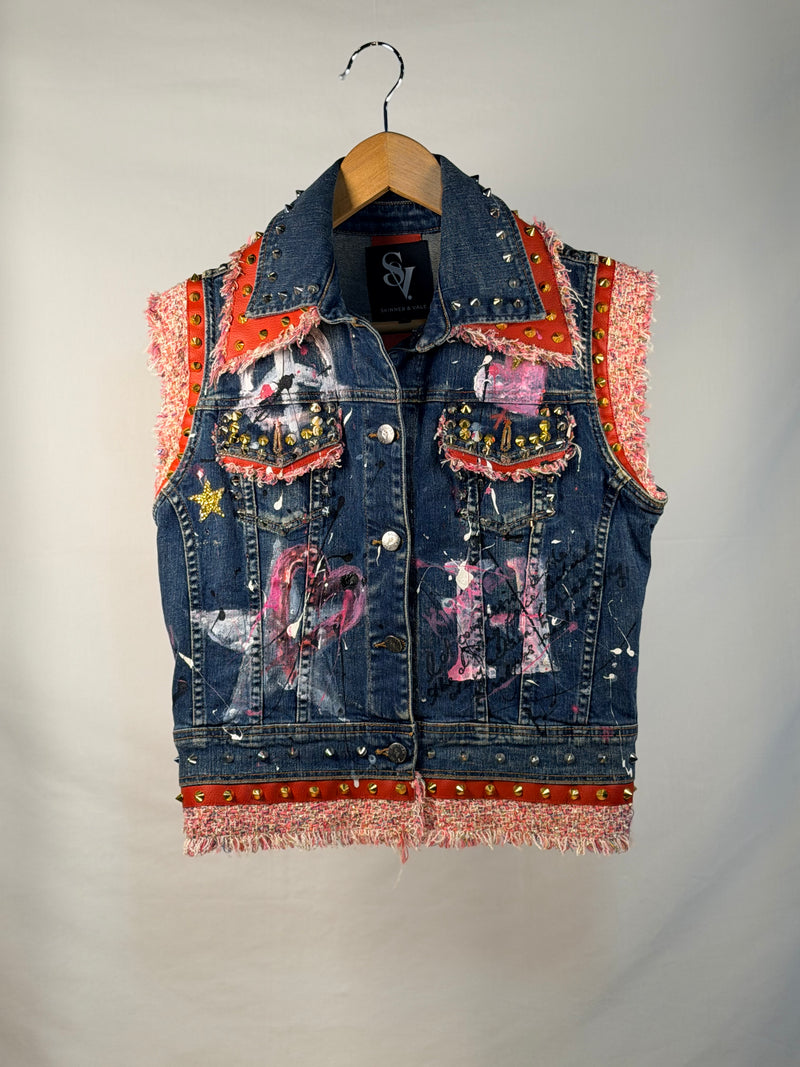 LOVE Denim Gilet front view — Skinner & Vale upcycled denim gilet