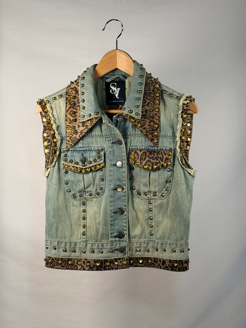 LEOPARD Denim Gilet front view — Skinner & Vale upcycled denim gilet
