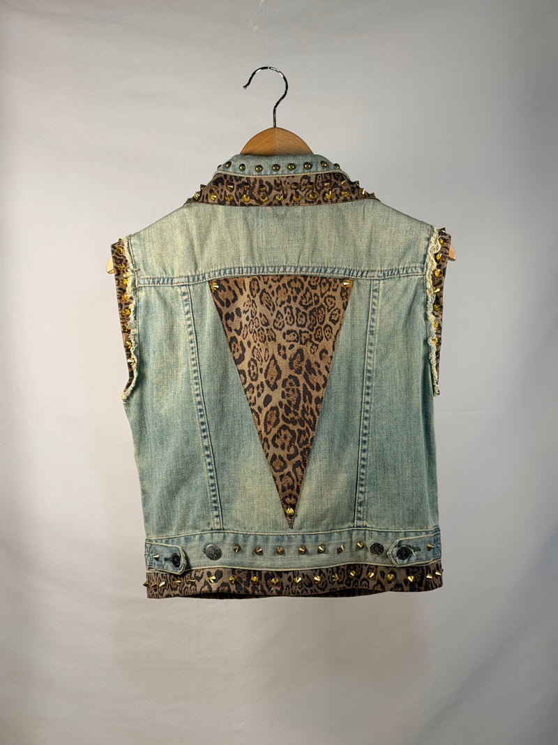 LEOPARD Denim Gilet back view — Skinner & Vale upcycled denim gilet