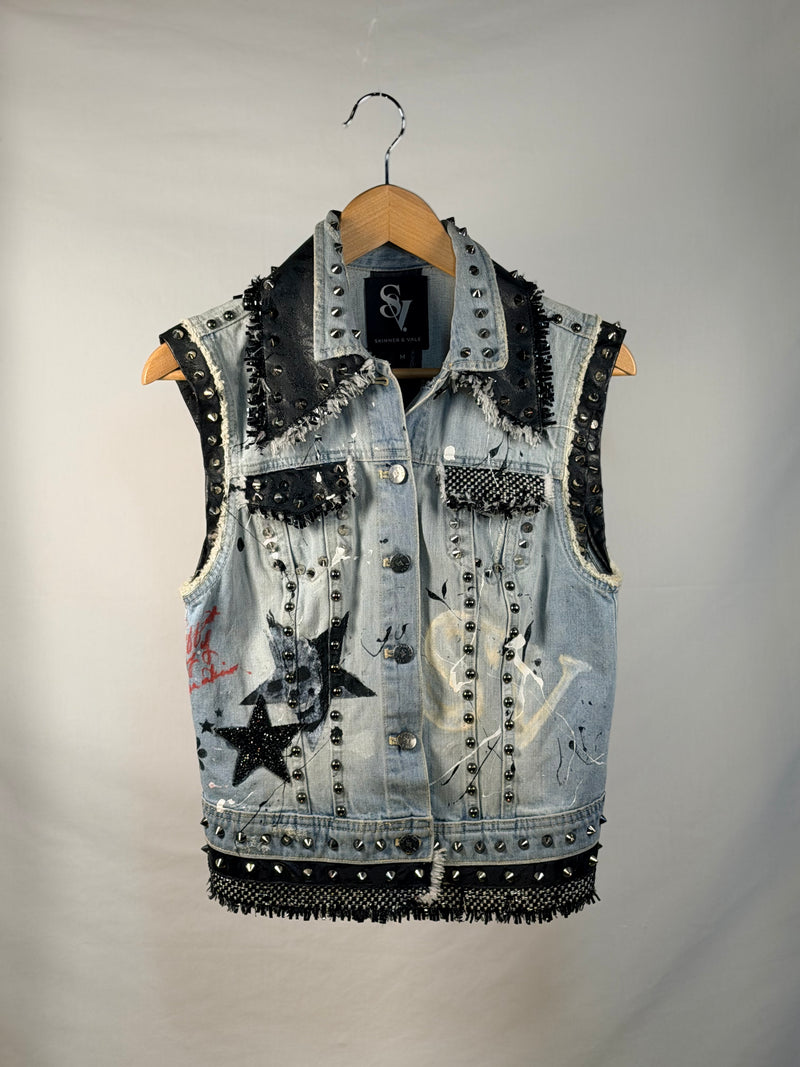 STAR Denim Gilet front view — Skinner & Vale upcycled denim gilet