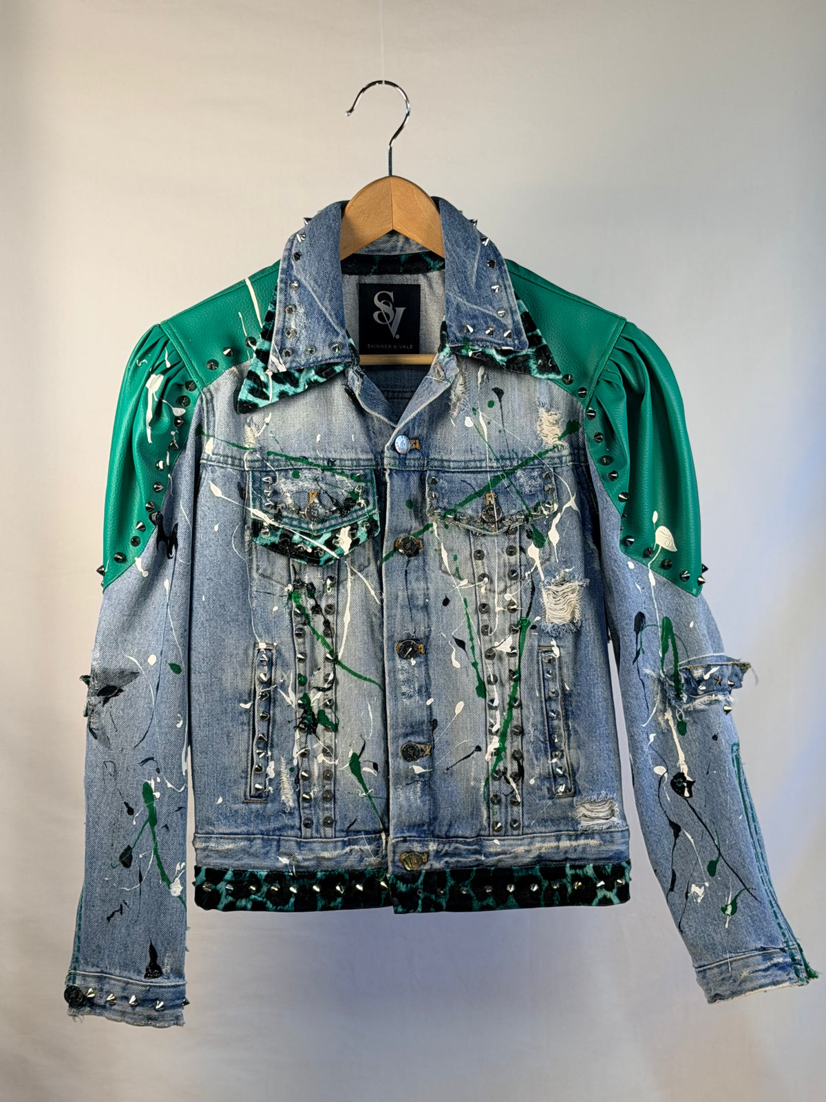 GREEN LEOPARD Denim jacket front view — Skinner & Vale upcycled denim jacket