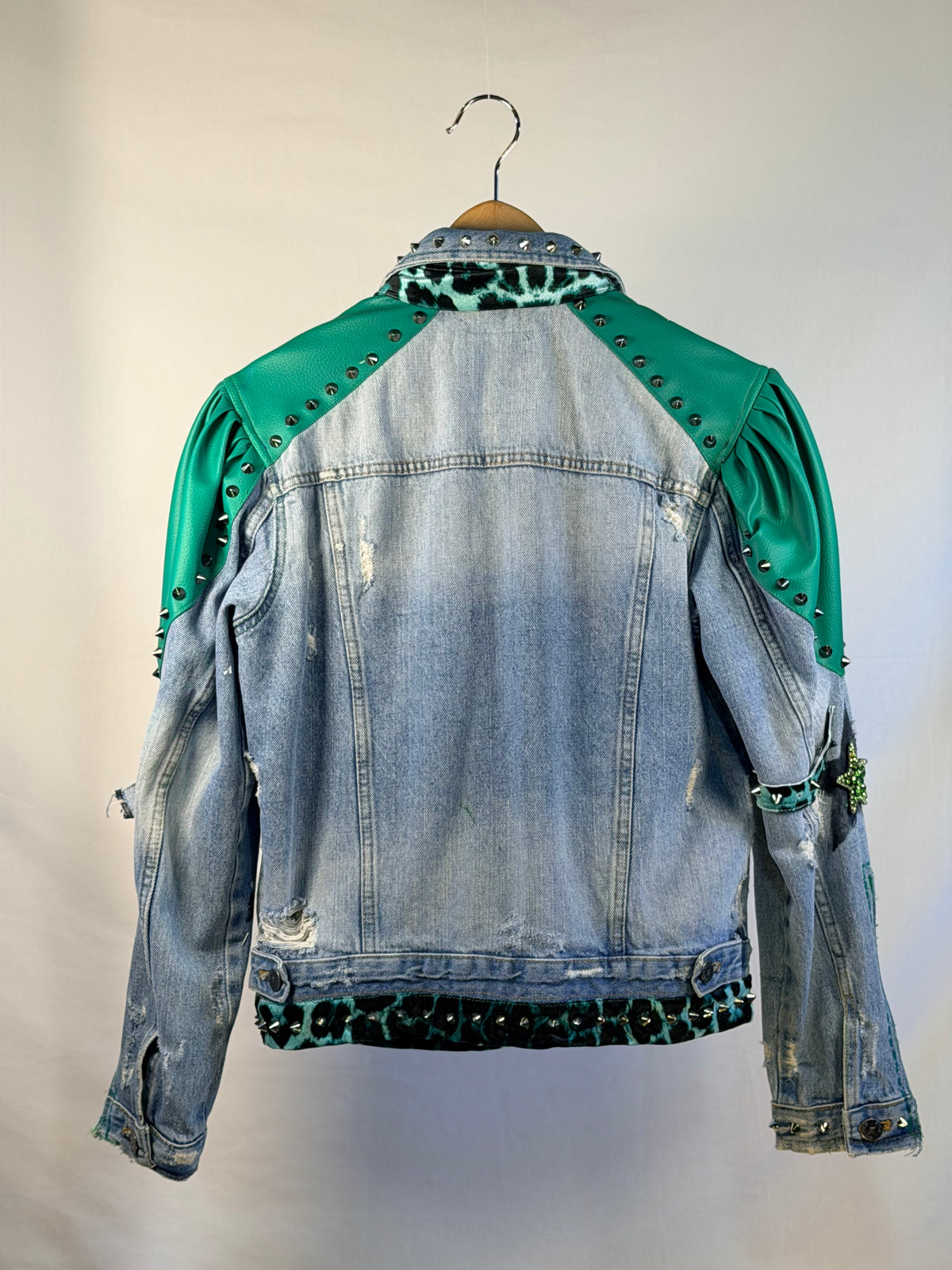 GREEN LEOPARD Denim jacket back view — Skinner & Vale upcycled denim jacket