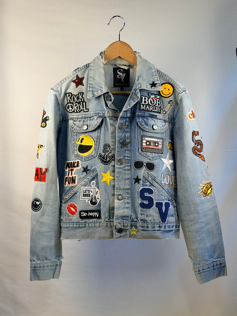 MAKE IT FUN Patch Denim Jacket front view — Skinner & Vale upcycled denim jacket