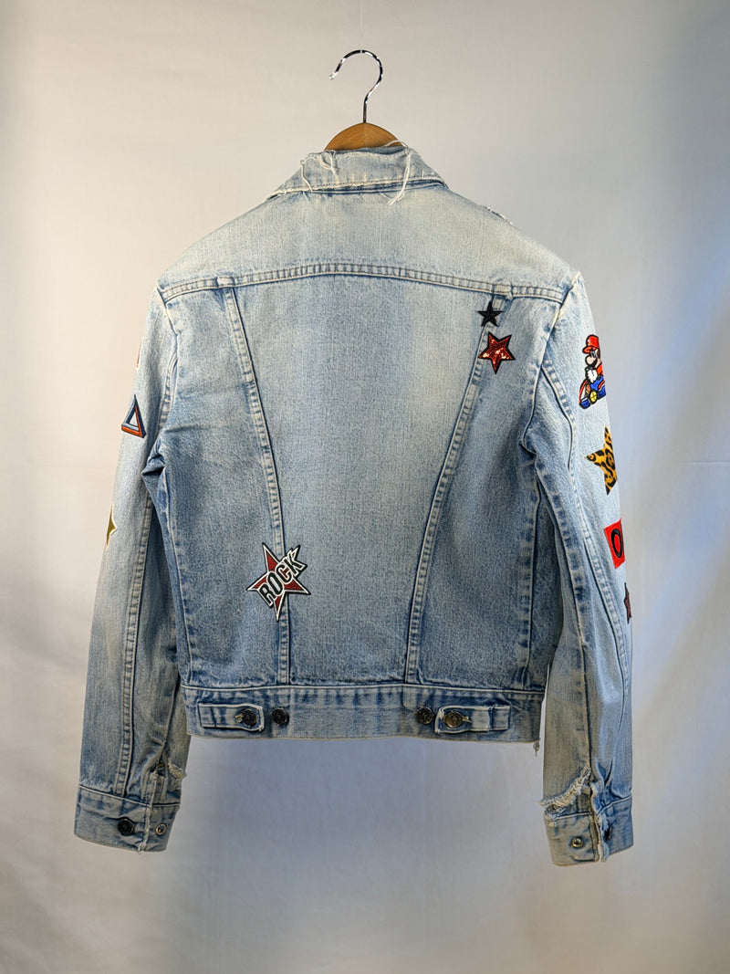 MAKE IT FUN Patch Denim Jacket back view — Skinner & Vale upcycled denim jacket