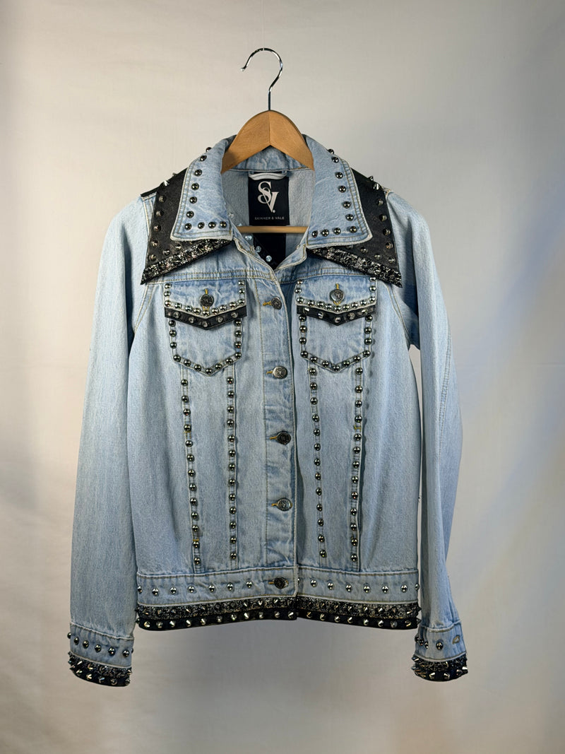 ZIGGY Denim Jacket front view — Skinner & Vale upcycled denim jacket
