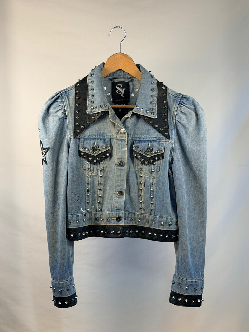 'MY FAVOURITE' Denim Jacket front view — Skinner & Vale upcycled denim jacket