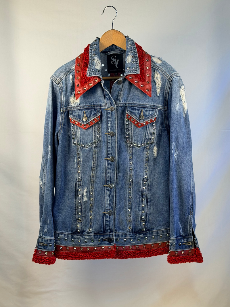 RIPPED RED Denim Jacket front view — Skinner & Vale upcycled denim jacket