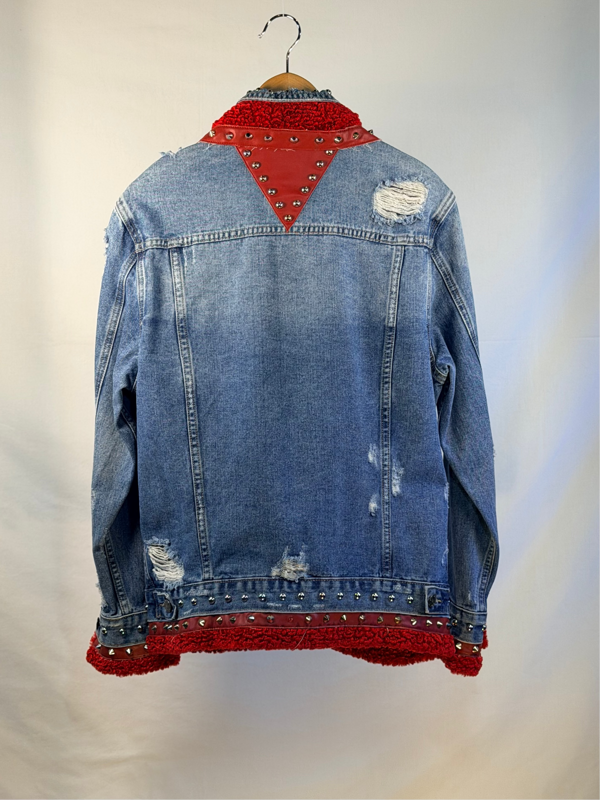 RIPPED RED Denim Jacket back view — Skinner & Vale upcycled denim jacket