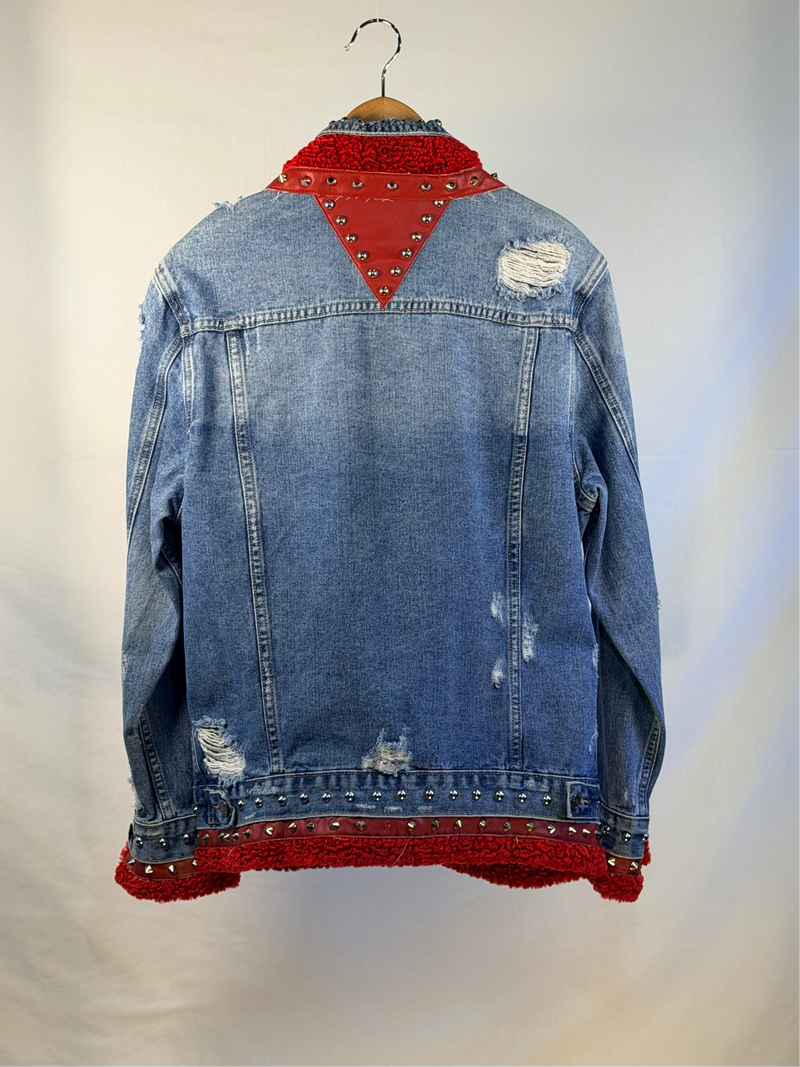 RIPPED RED Denim Jacket back view — Skinner & Vale upcycled denim jacket