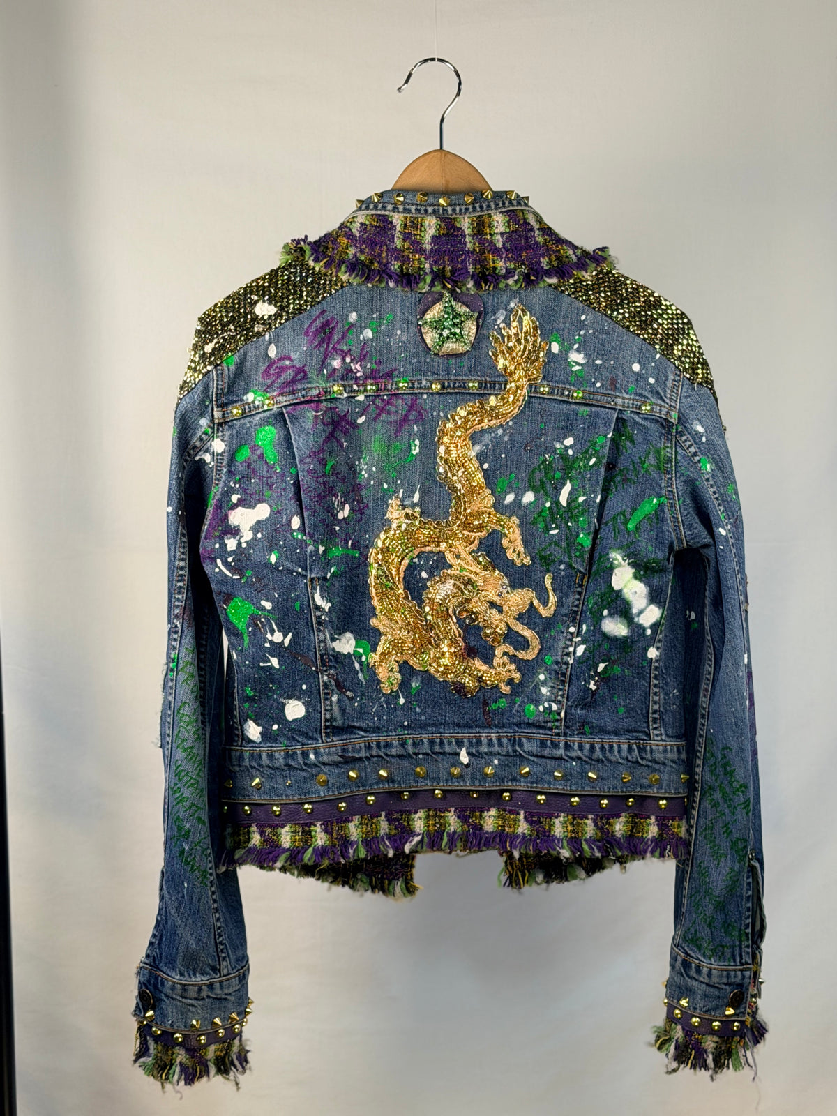 GOLD DRAGON Denim Jacket back view — Skinner & Vale upcycled denim jacket