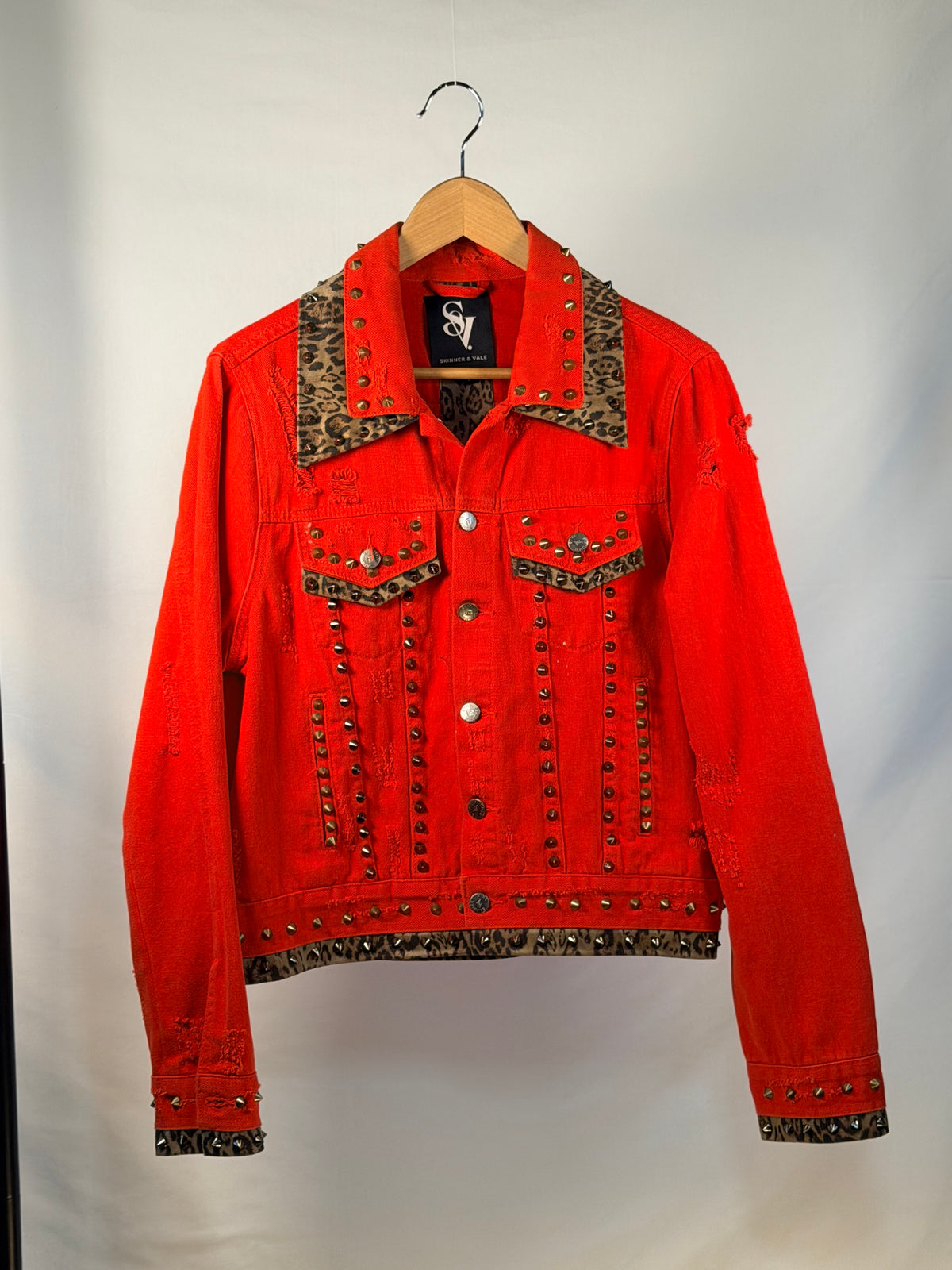 RED LEOPARD Denim Jacket front view — Skinner & Vale upcycled denim jacket