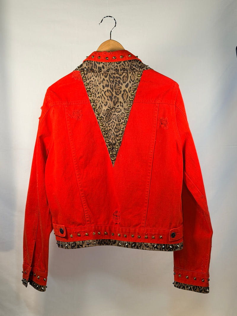 RED LEOPARD Denim Jacket back view — Skinner & Vale upcycled denim jacket