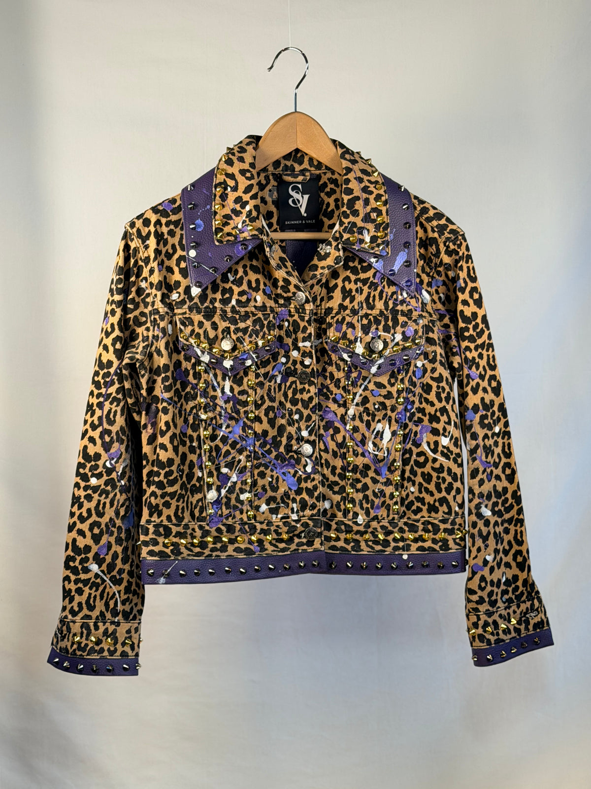 LOVE LEOPARD Denim Jacket front view — Skinner & Vale upcycled denim jacket