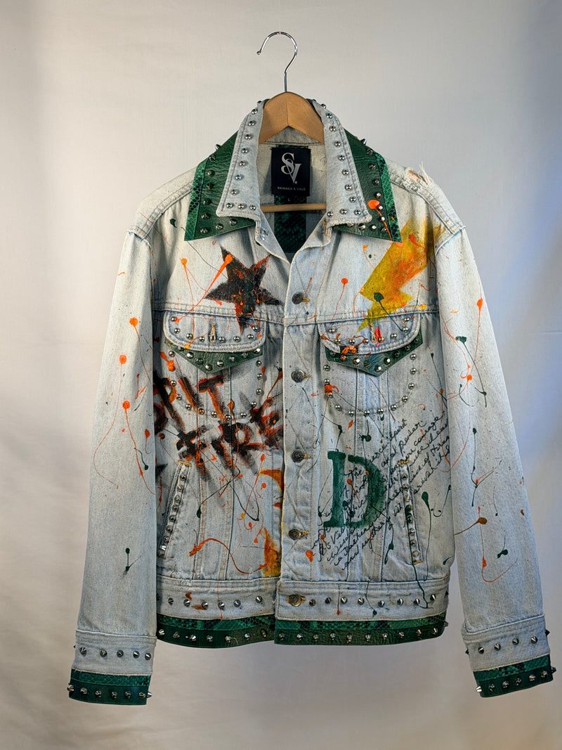 DRAGON Denim Jacket front view — Skinner & Vale upcycled denim jacket