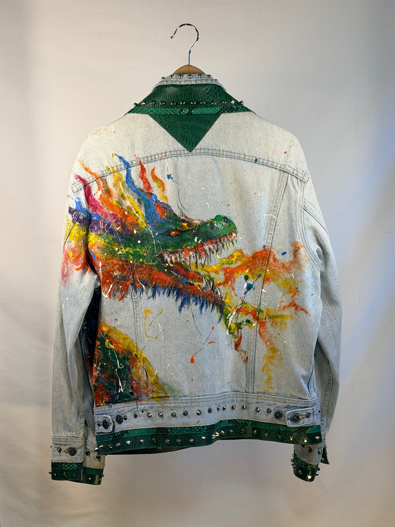 DRAGON Denim Jacket back view — Skinner & Vale upcycled denim jacket