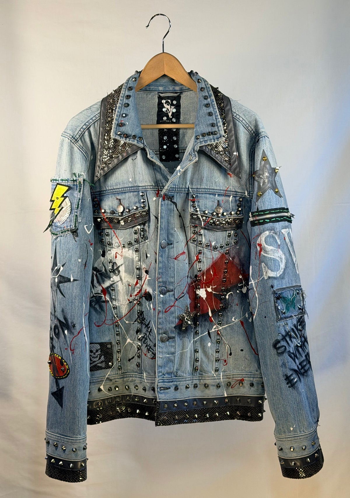 LOVE MY LIFE Womens Denim Jacket front view — Skinner & Vale upcycled denim jacket