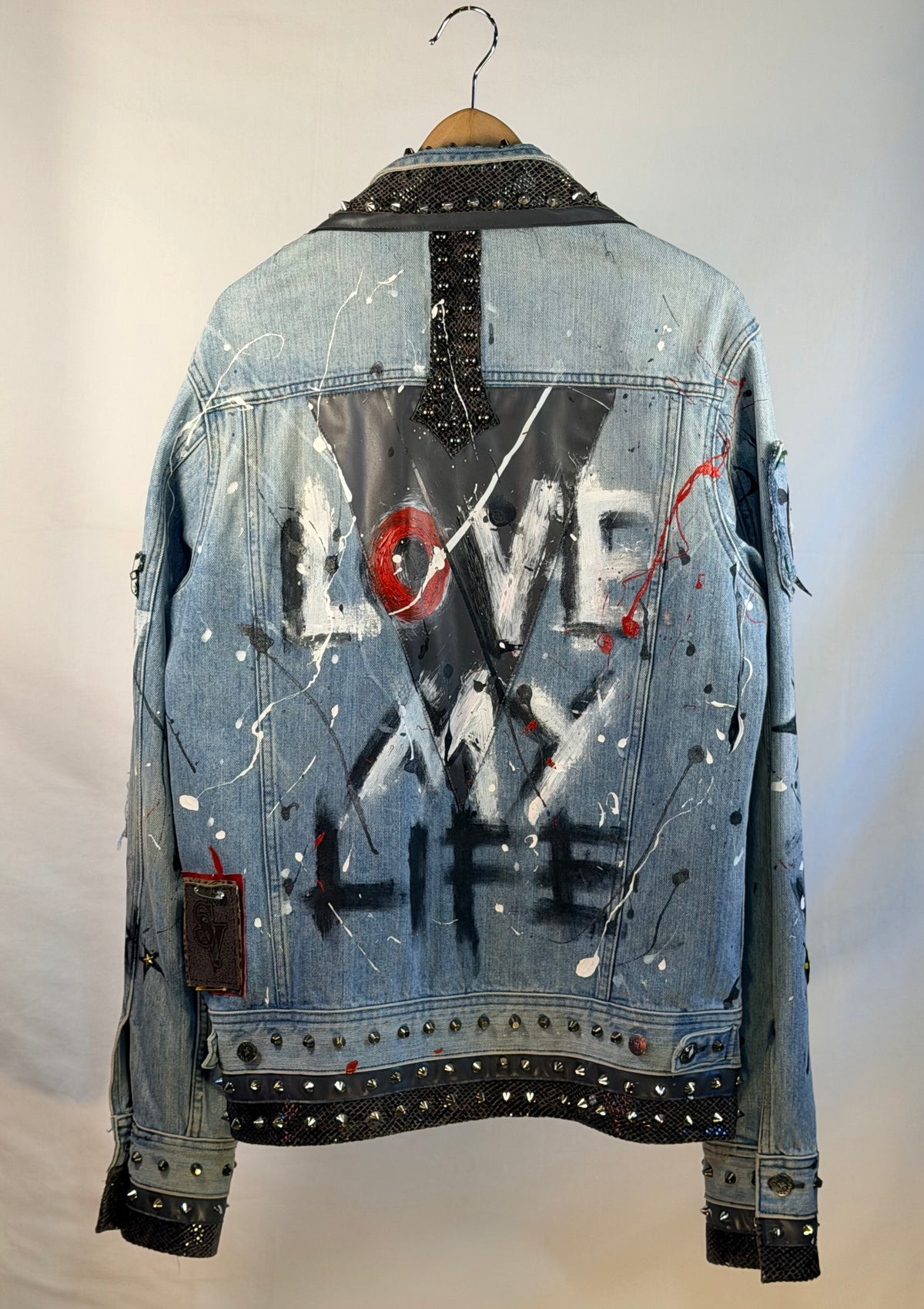 LOVE MY LIFE Womens Denim Jacket back view — Skinner & Vale upcycled denim jacket