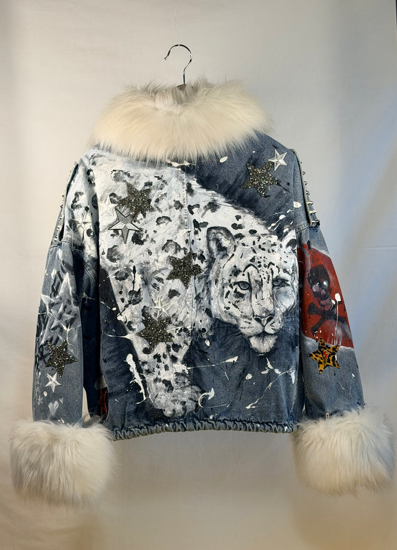 SNOW LEOPARD Denim Jacket back view — Skinner & Vale upcycled denim jacket